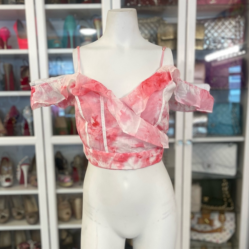 SOLD Lovers + Friends L off shoulder wrap top ties in back. Ruffle